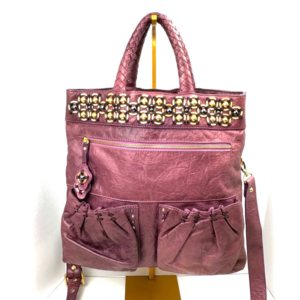 Vintage Isabella Fiore Ltd Edition Taj Mahal Charlize Purple Leather Tote Studs